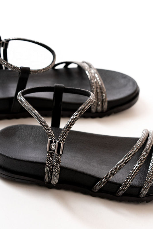 Ayakkabı Aşkı Siyah Platin Taşlı Günlük Kadın Sandalet