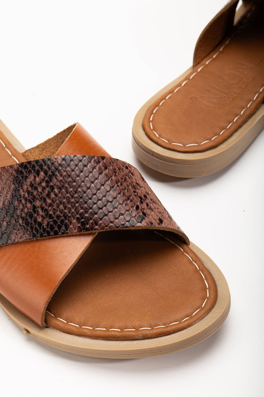 Ayakkabı Aşkı Taba Ortopedik Hakiki Deri Çapraz Bantlı Kadın Terlik