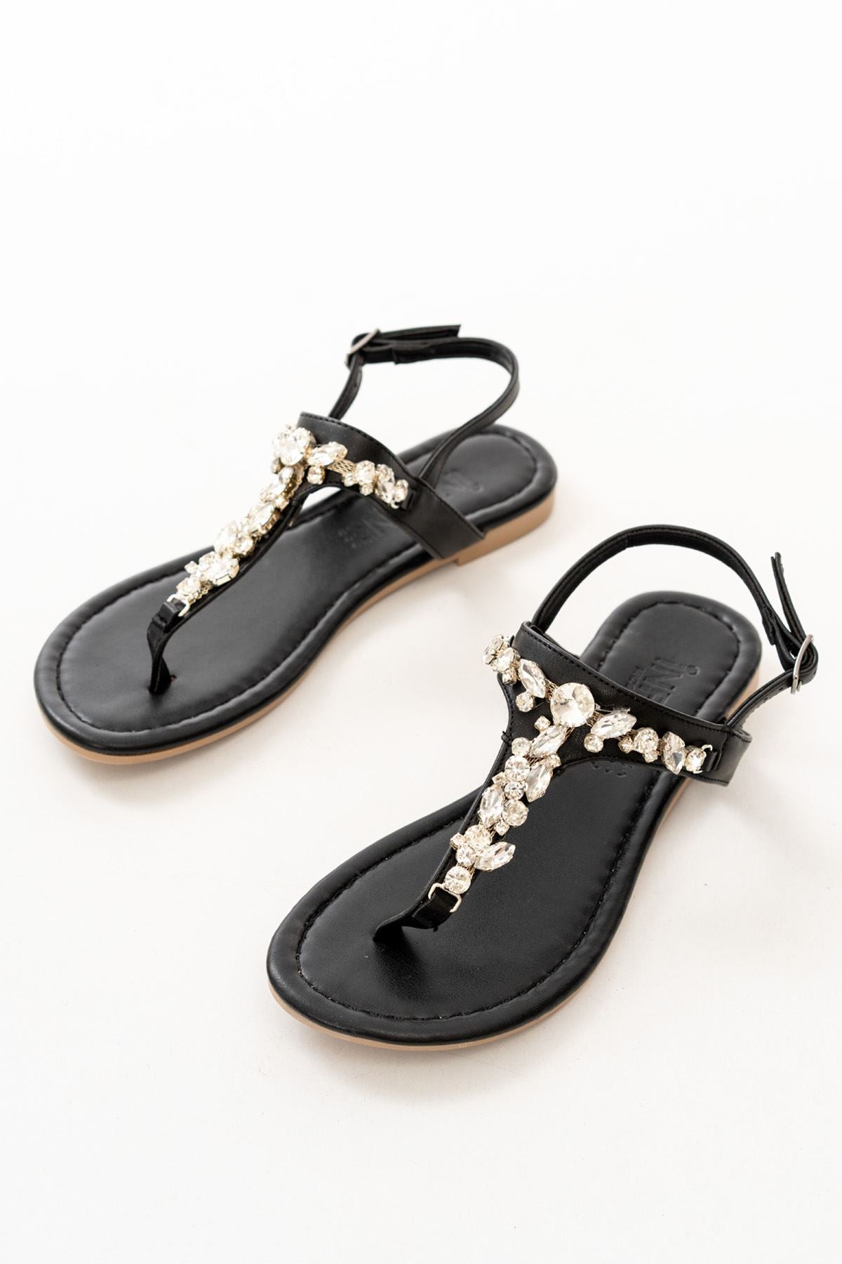 Ayakkabı Aşkı Siyah Gümüş Taşlı Parmak Arası Kadın Sandalet
