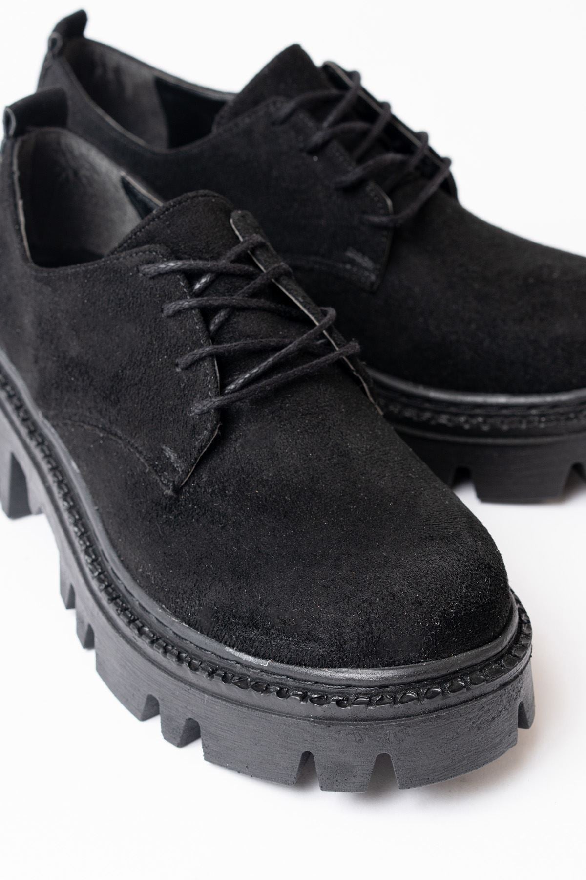 Ayakkabı Aşkı Siyah Süet Bağcıklı Günlük Yüksek Tabanlı Loafer Ayakkabı