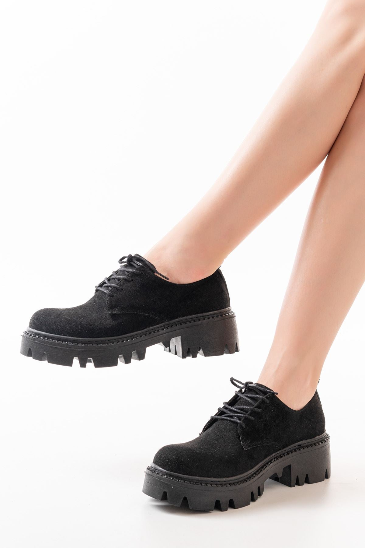 868-754 Siyah Süet Bağcıklı Günlük Yüksek Tabanlı Loafer Ayakkabı - Siyah