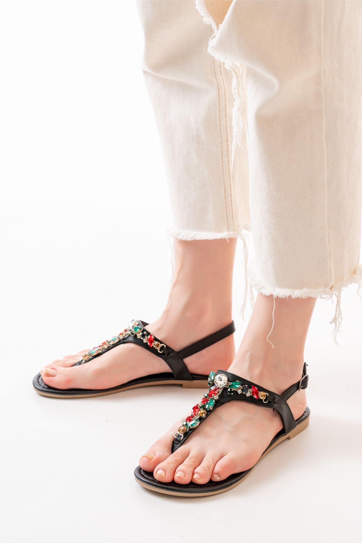 Ayakkabı Aşkı Siyah Multi Taşlı Parmak Arası Kadın Sandalet