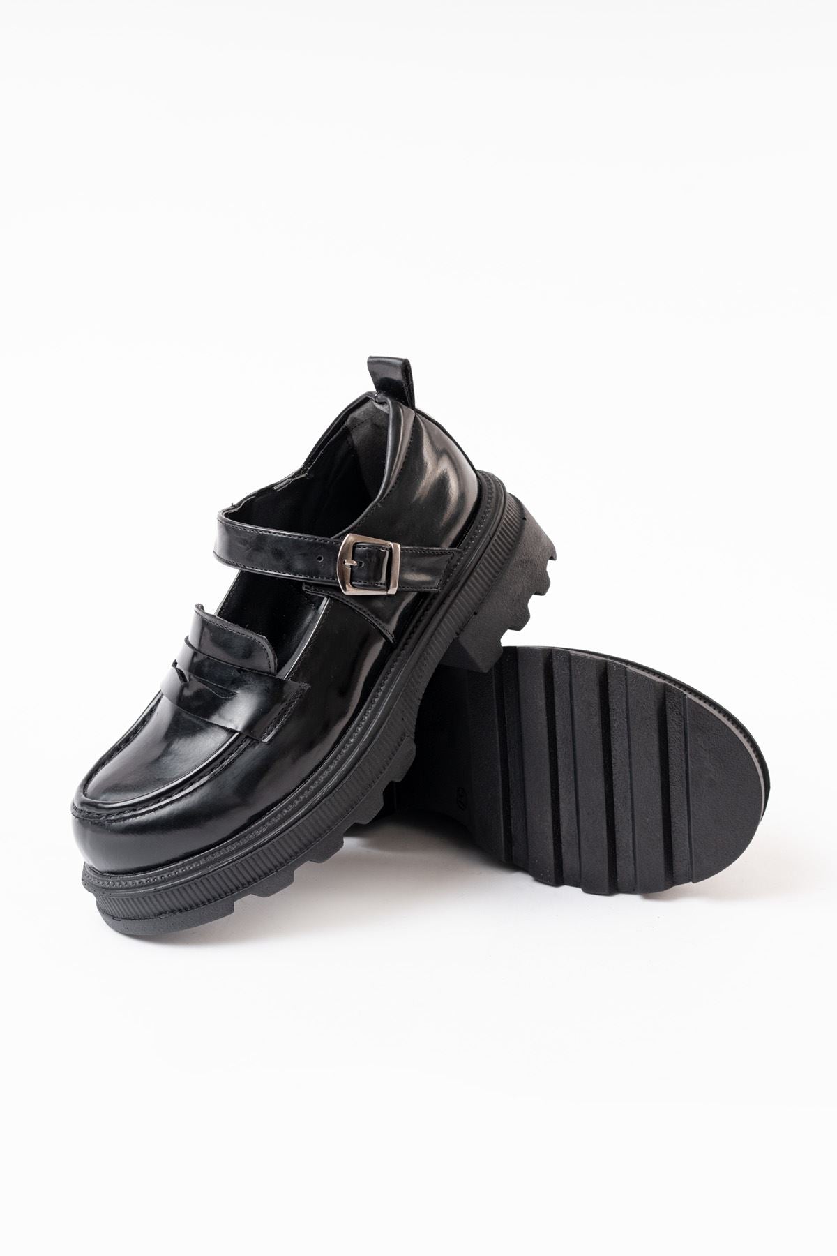Ayakkabı Aşkı Siyah Rugan Günlük Yüksek Tabanlı Loafer Ayakkabı