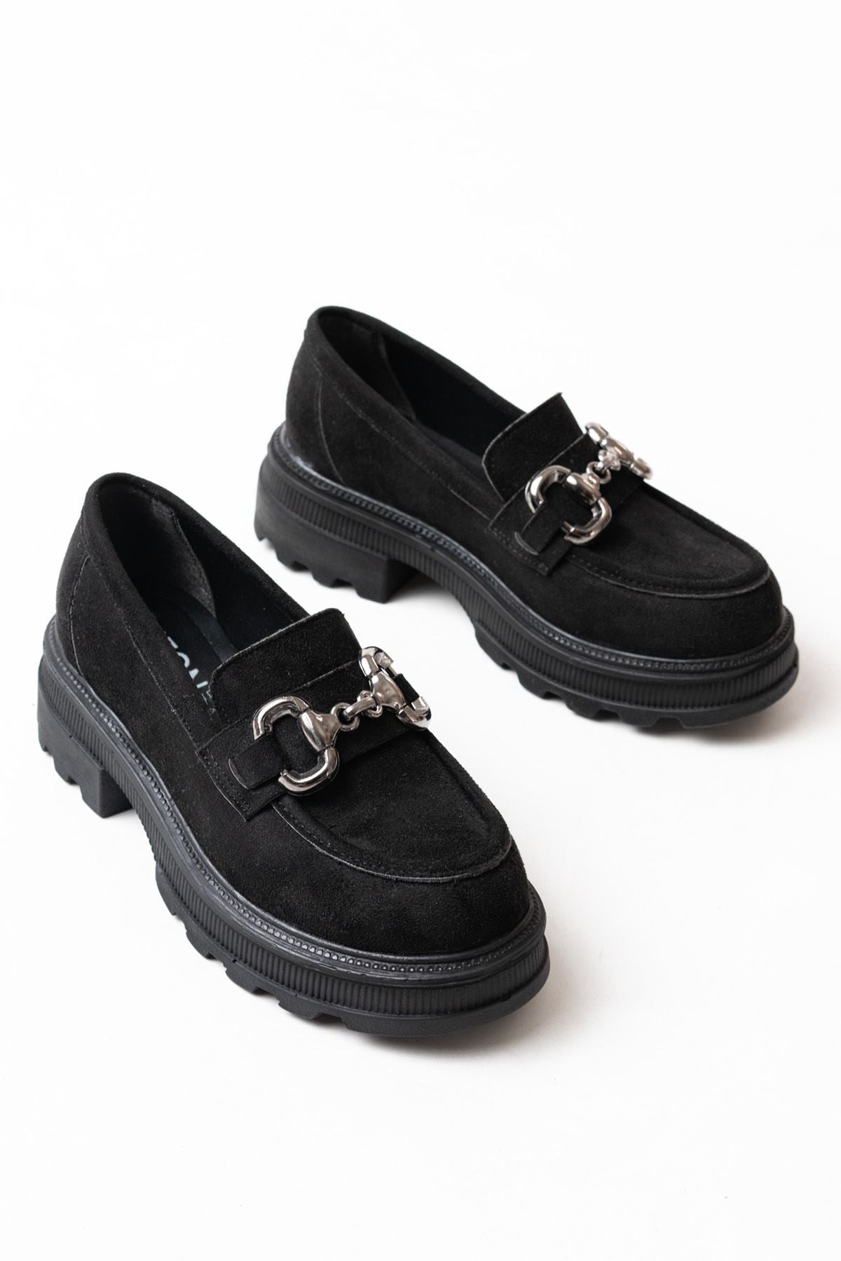 745-773 Siyah Süet Günlük Yüksek Tabanlı Loafer Ayakkabı - Siyah