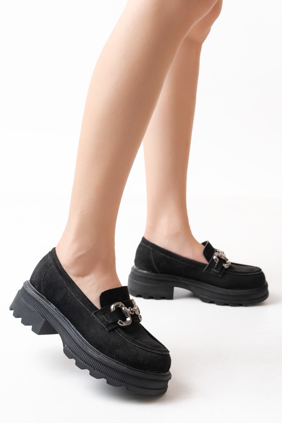 Ayakkabı Aşkı Siyah Süet Günlük Yüksek Tabanlı Loafer Ayakkabı