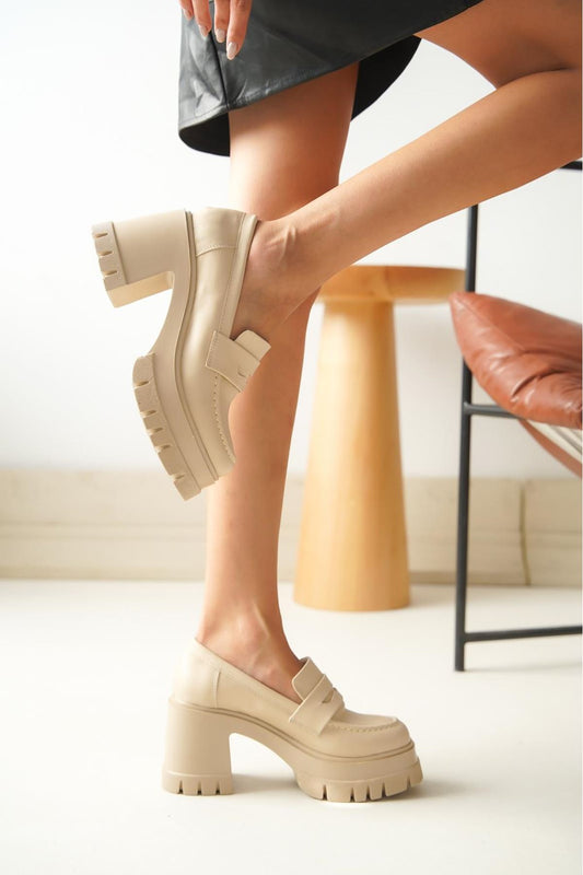 NVL-506 Bej Günlük Yüksek Topuklu Platform Loafer Kadın Ayakkabı - Bej