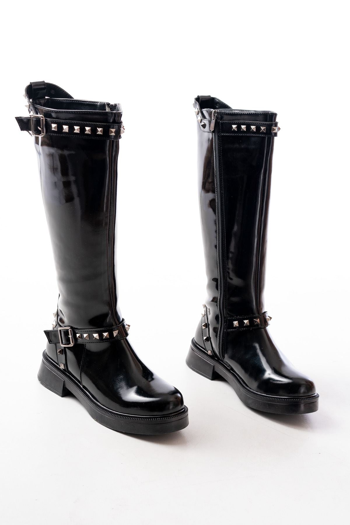 Ayakkabı Aşkı Siyah Rugan Düz Topuklu Günlük Bayan Binici Çizme