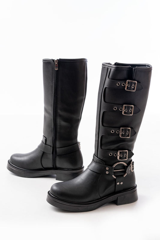 02-346 Siyah Düz Topuklu Günlük Bayan Binici Çizme - Siyah