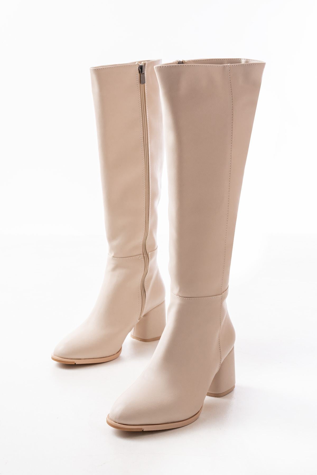 Ayakkabı Aşkı Bej Topuklu Fermuarlı Günlük Kadın Çizme