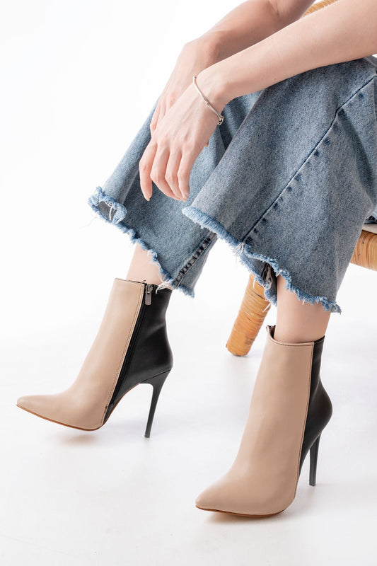 LS-216 Nut Yüksek İnce Topuklu Fermuarlı Kadın Bot - Vizon