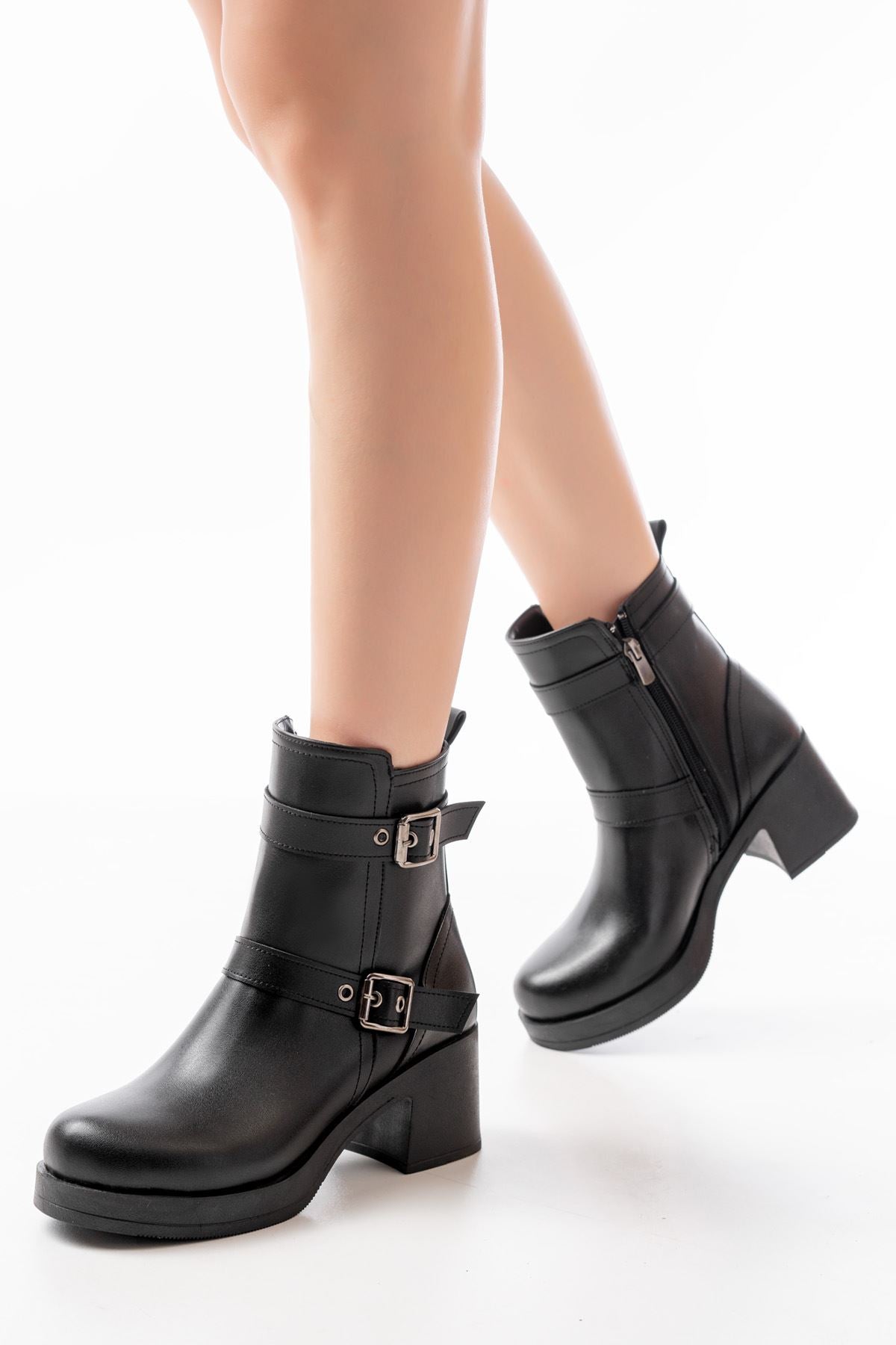 5109-3027 Siyah Topuklu Fermuarlı Günlük Kadın Bot - Siyah