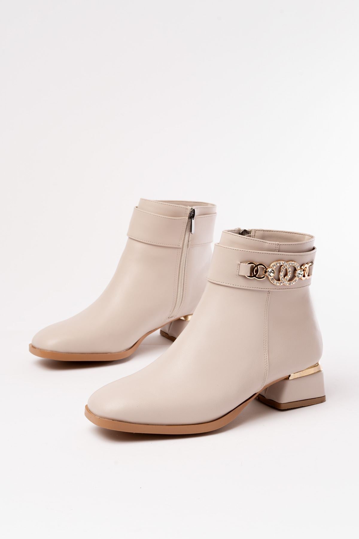 Ayakkabı Aşkı Bej Toka Aksesuarlı Topuklu Fermuarlı Günlük Kadın Bot