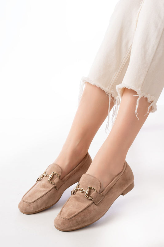 303 Taba Süet Toka Aksesuarlı Günlük Kadın Babet - Taba