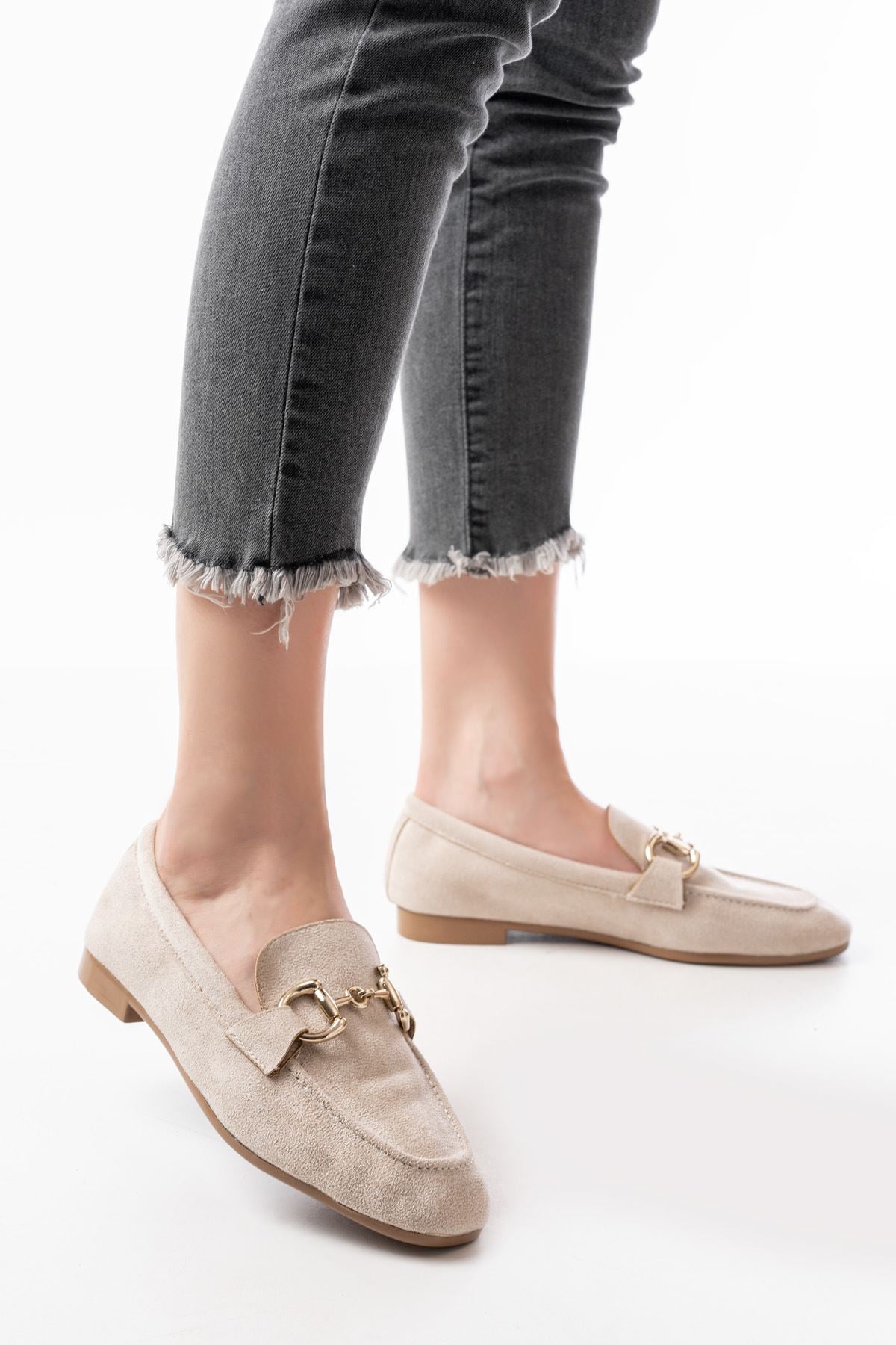 Ayakkabı Aşkı 303 Bej Süet Toka Aksesuarlı Günlük Kadın Babet
