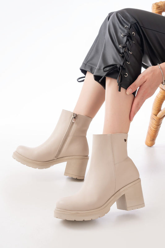 Ayakkabı Aşkı Bej Fermuarlı Kalın Topuklu Günlük Kadın Bot