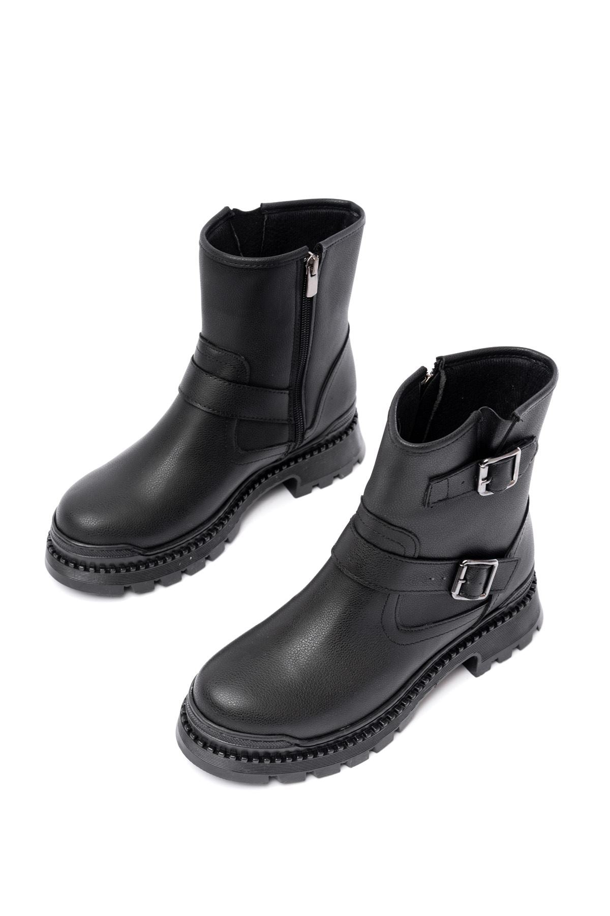 Ayakkabı Aşkı Siyah Tokalı Düz Topuklu Tokalı Fermuarlı Günlük Kadın Bot