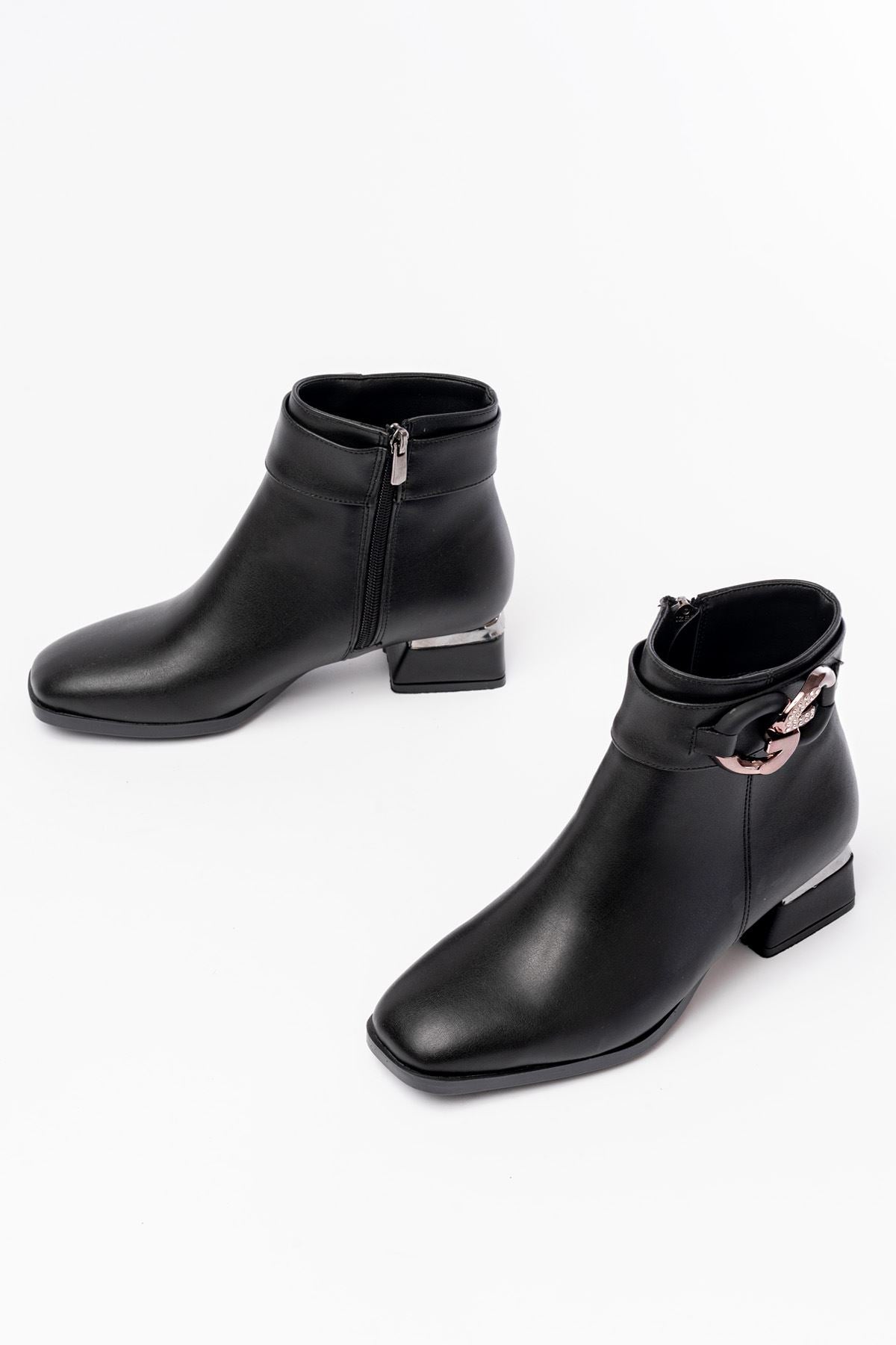 Ayakkabı Aşkı Siyah Toka Aksesuarlı Topuklu Fermuarlı Günlük Kadın Bot