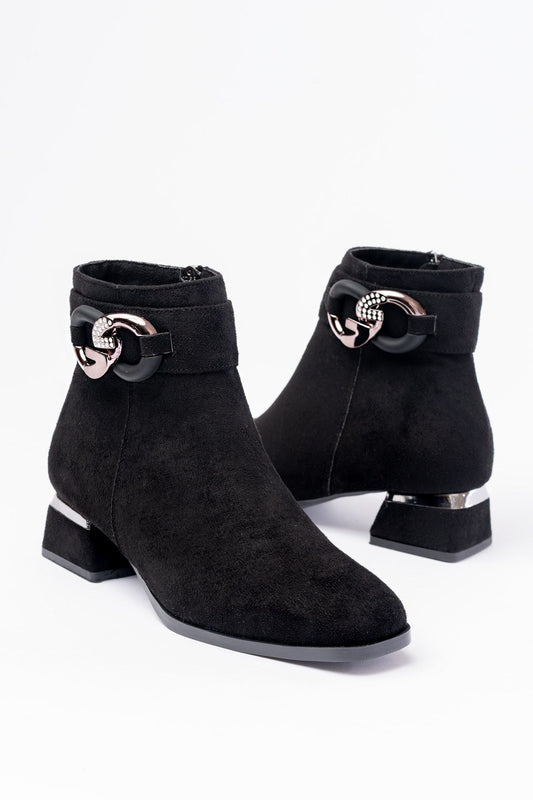 RM-504 Siyah Süet Toka Aksesuarlı Topuklu Fermuarlı Günlük Kadın Bot - Siyah