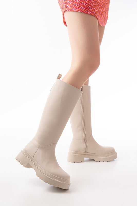 236-340 Bej Fermuarlı Günlük Kadın Çizme - Bej