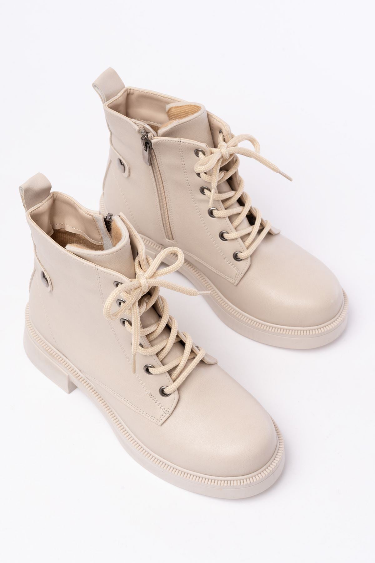 Ayakkabı Aşkı Bej Bağcıklı Fermuarlı Günlük Kadın Bot