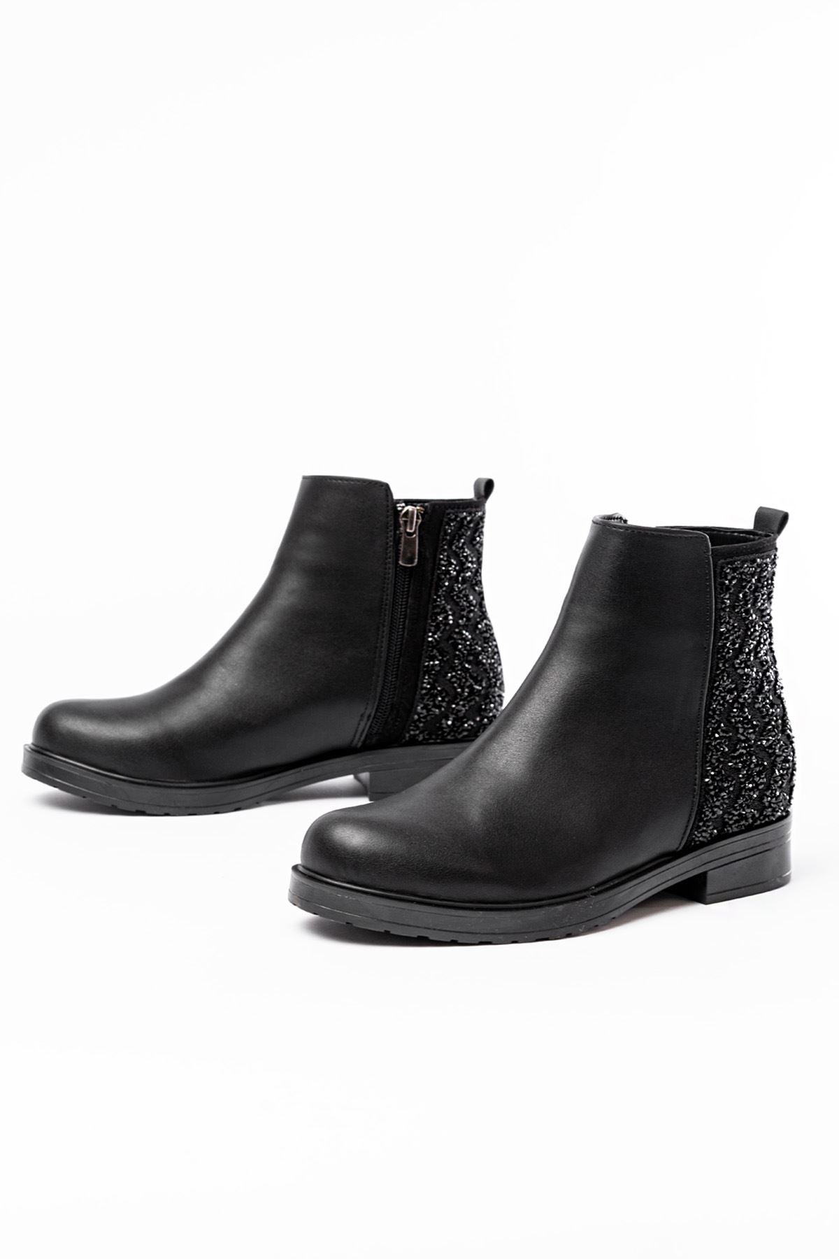 Ayakkabı Aşkı Siyah Taş Aksesuarlı Fermuarlı Günlük Kadın Bot