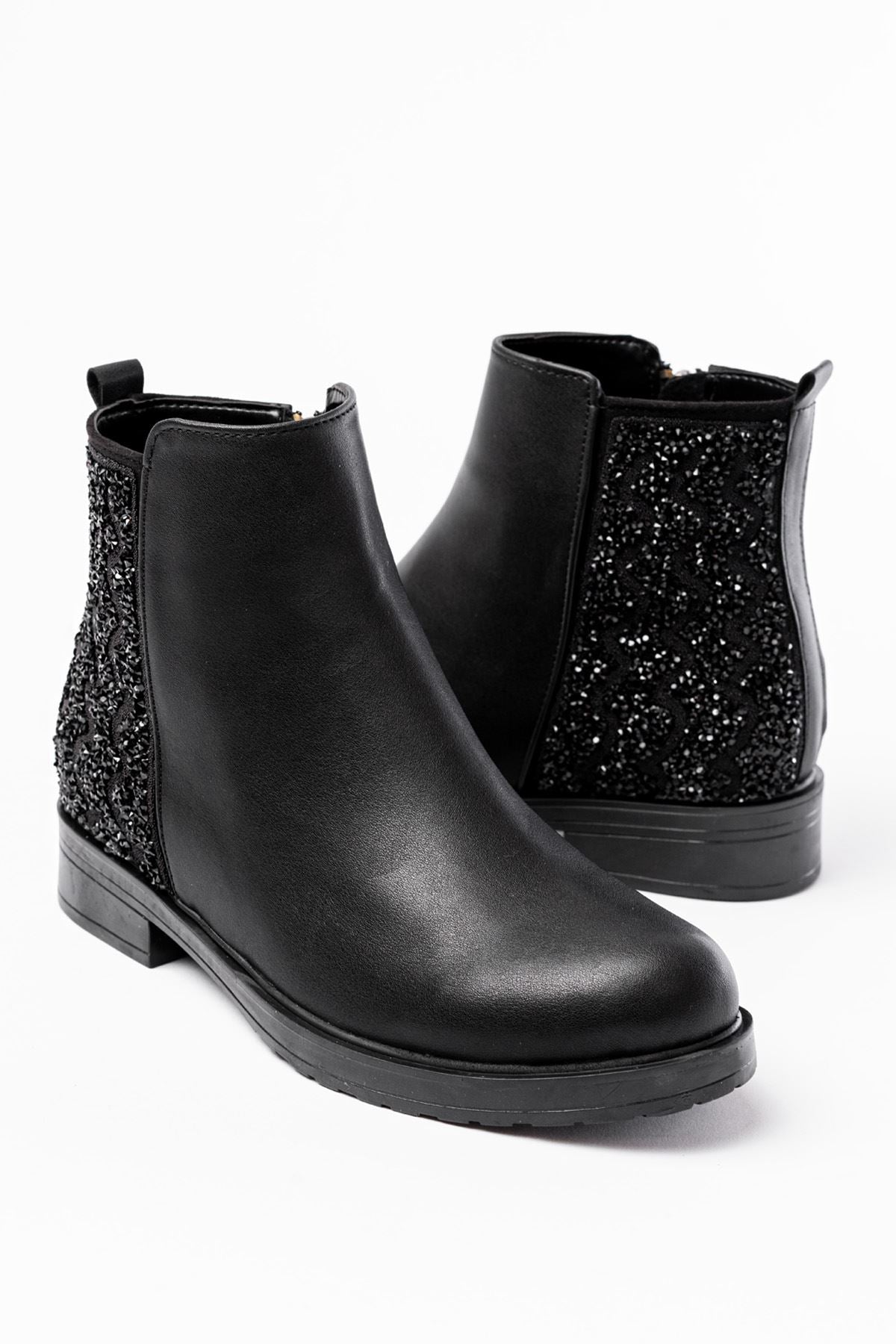 165-212 Siyah Taş Aksesuarlı Fermuarlı Günlük Kadın Bot - Siyah