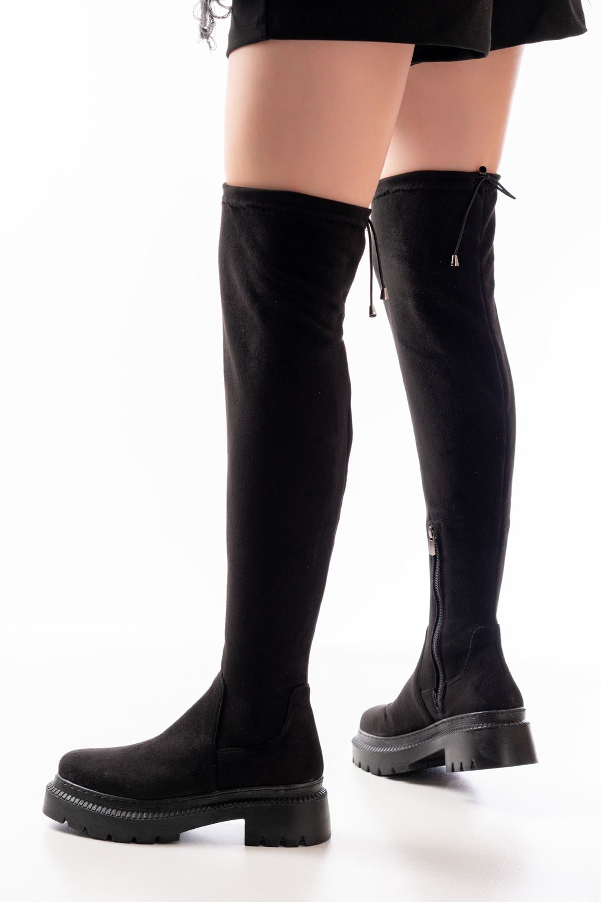 Ayakkabı Aşkı Siyah Süet Streç Diz Üstü Fermuarlı Günlük Kadın Çizme
