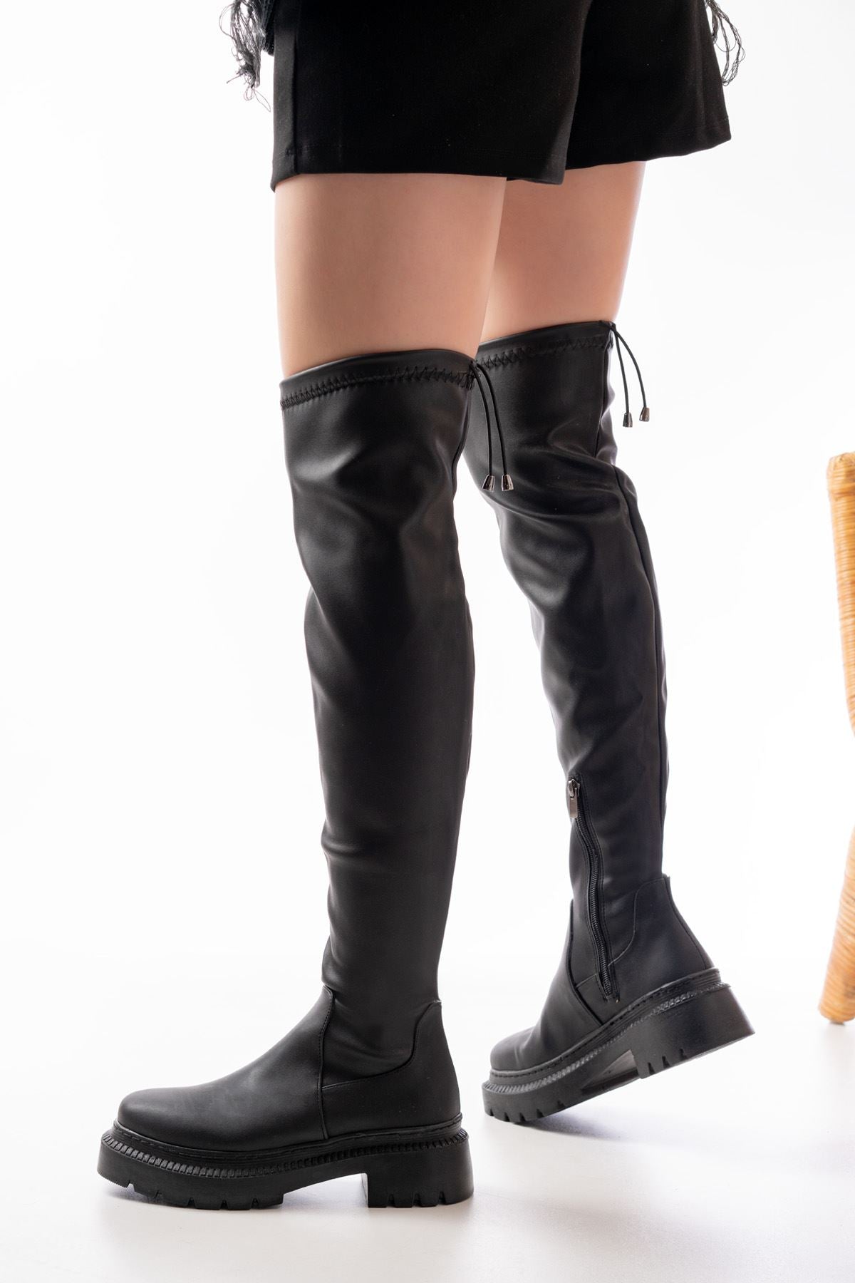 Ayakkabı Aşkı Siyah Streç Diz Üstü Fermuarlı Günlük Kadın Çizme