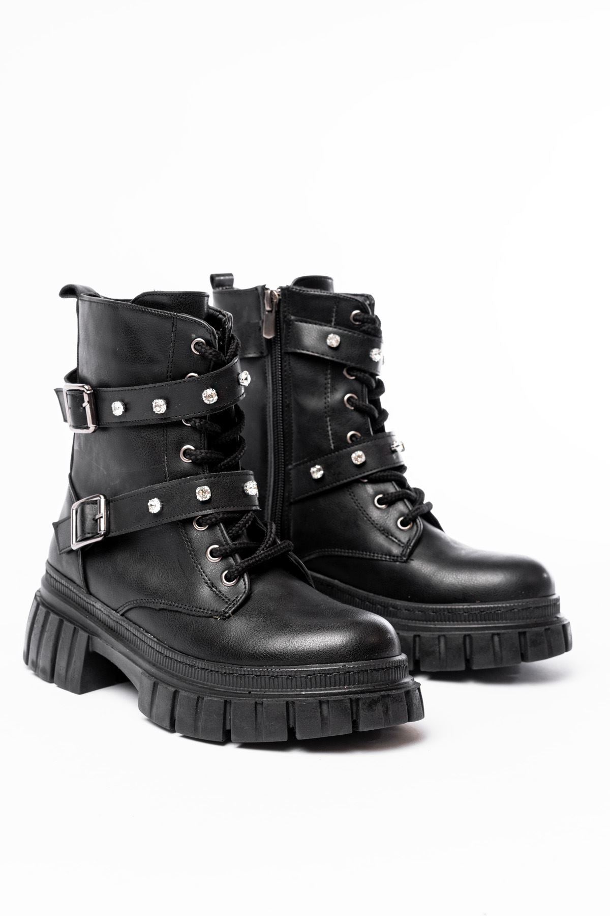 Ayakkabı Aşkı Siyah Bağcıklı Kalın Tabanlı Bağcıklı Fermuarlı Günlük Kadın Bot
