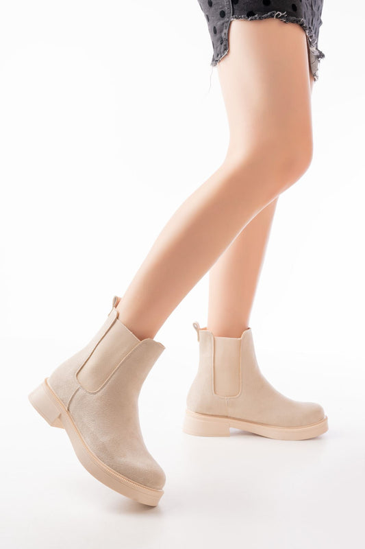 02-2137 Bej Süet Lastikli Günlük Kadın Bot - Bej
