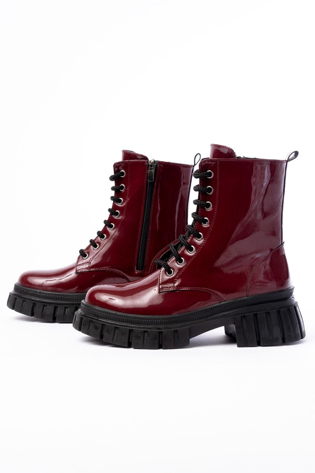 Ayakkabı Aşkı Bordo Rugan Bağcıklı Fermuarlı Günlük Kadın Bot