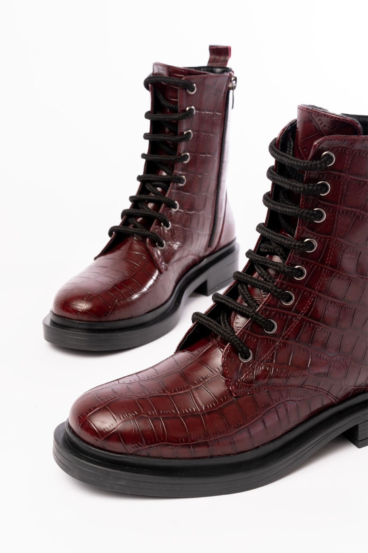 Ayakkabı Aşkı Bordo Kroko Bağcıklı Fermuarlı Günlük Kadın Bot