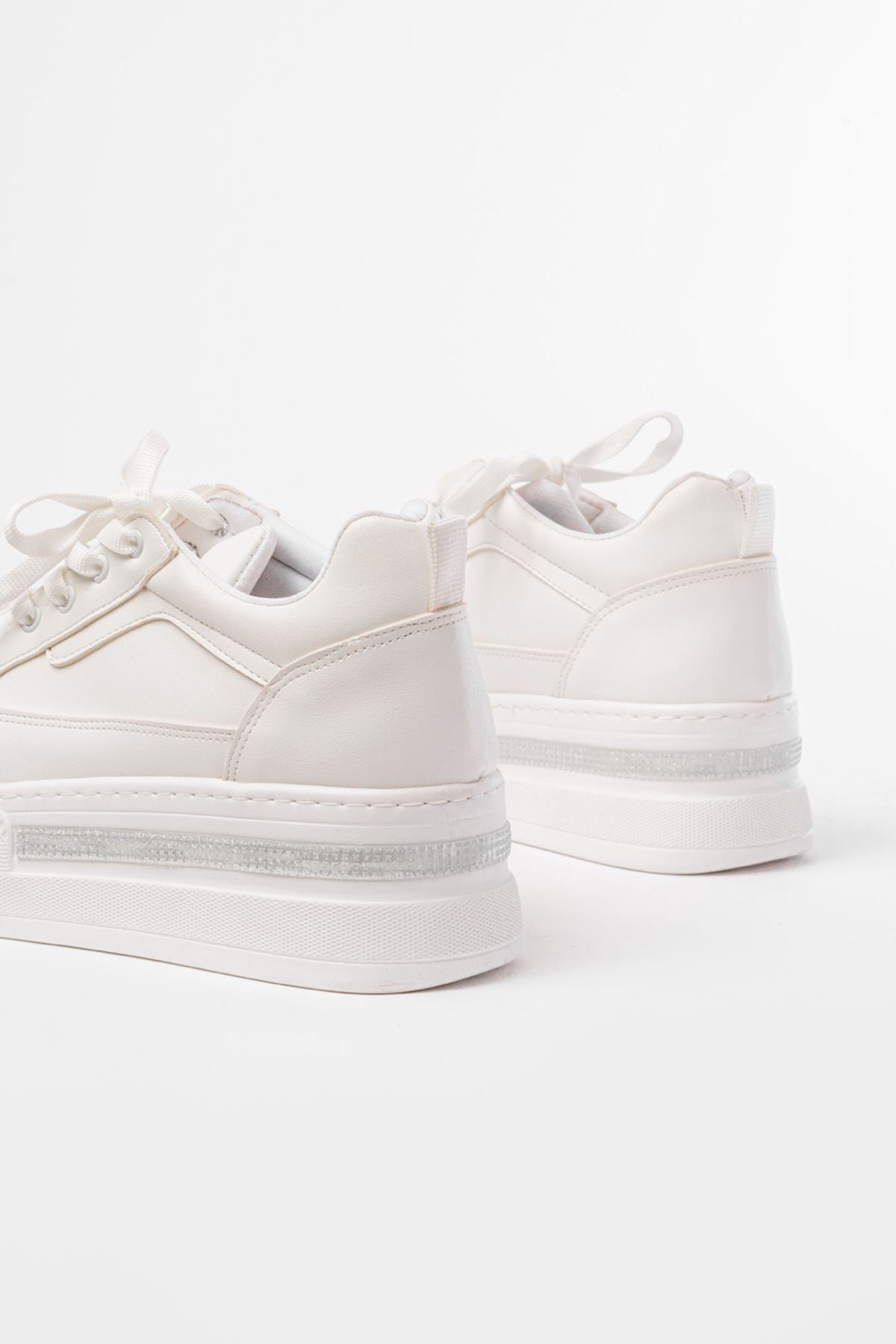 Ayakkabı Aşkı Beyaz Bağcıklı Taban Taş Aksesuarlı Günlük Spor Ayakkabı