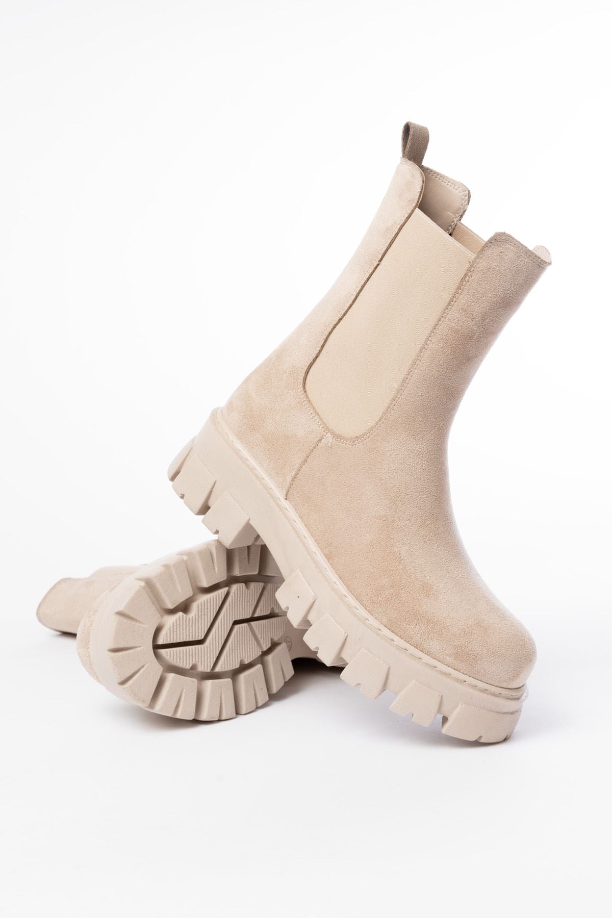 FZ-299 Bej Süet Yüksek Tabanlı Lastikli Günlük Kadın Bot - Bej