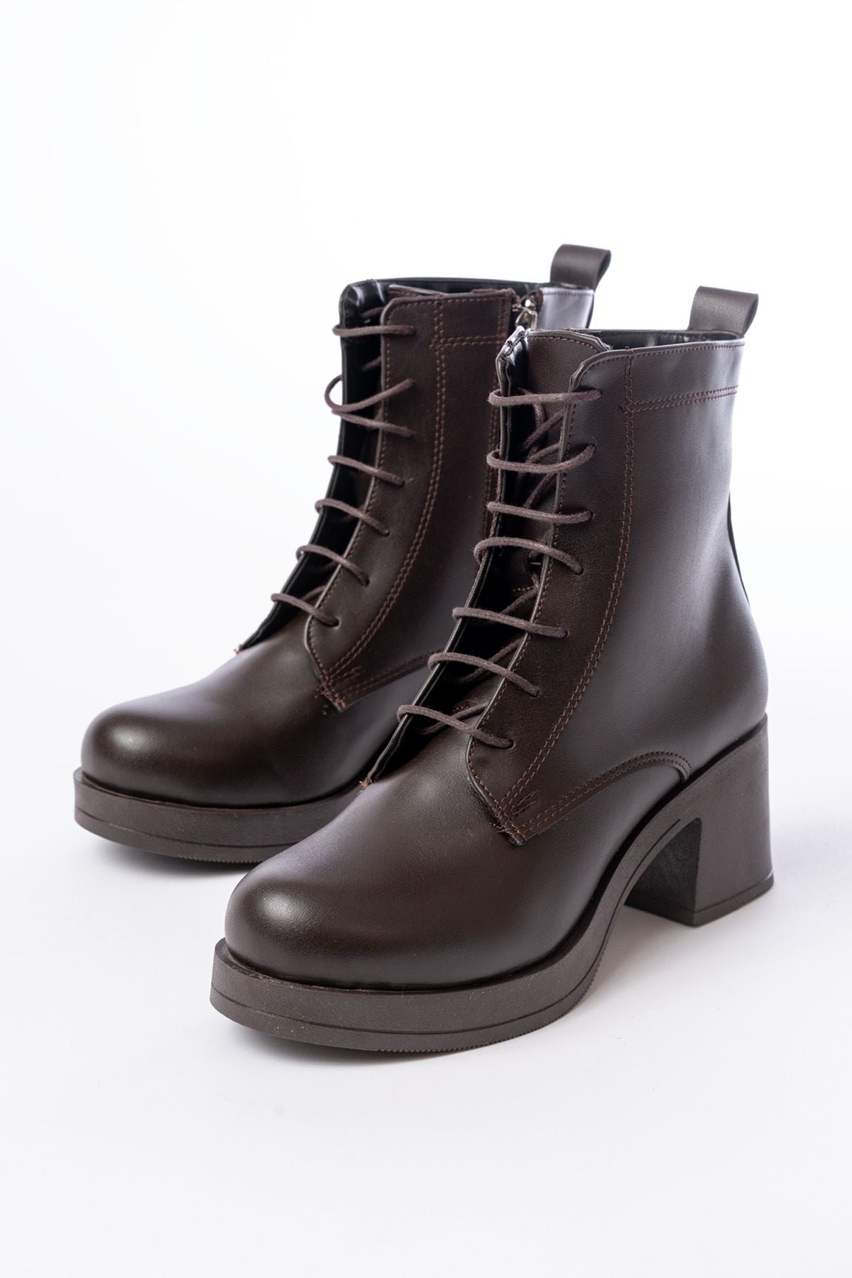 Ayakkabı Aşkı Kahverengi Bağcıklı Fermuarlı Kalın Topuklu Günlük Kadın Bot