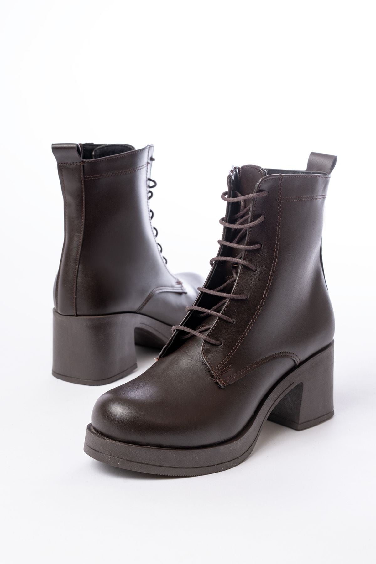 Ayakkabı Aşkı Kahverengi Bağcıklı Fermuarlı Kalın Topuklu Günlük Kadın Bot