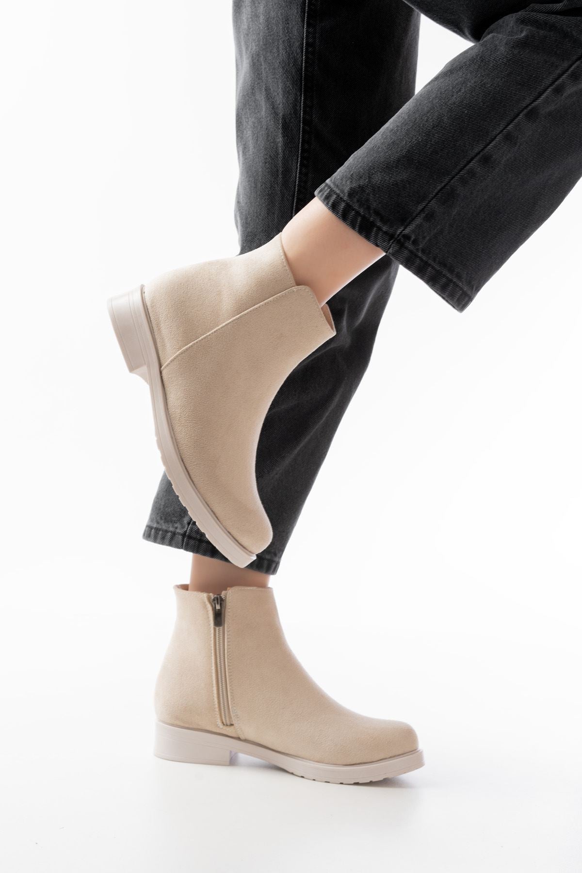 Ayakkabı Aşkı Bej Süet Fermuarlı Günlük Kadın Bot