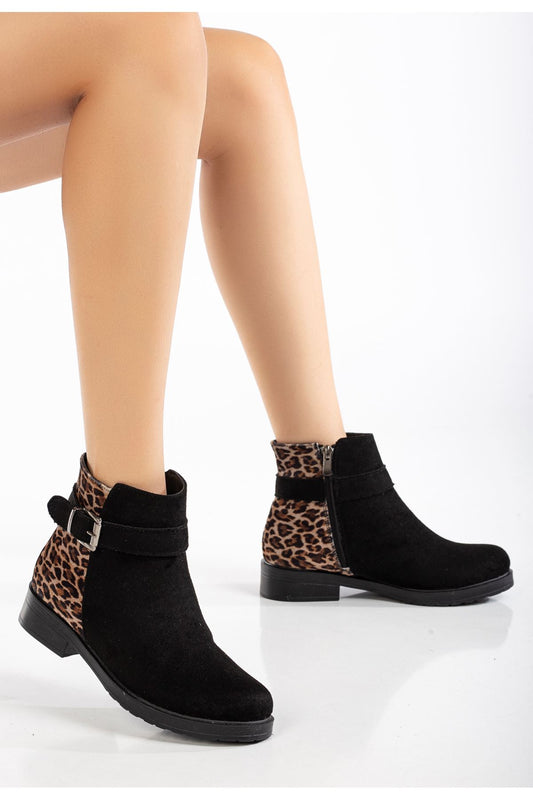 165-204/1 Siyah Süete Leopar Toka Aksesuarlı Fermuarlı Günlük Kadın Bot - Siyah