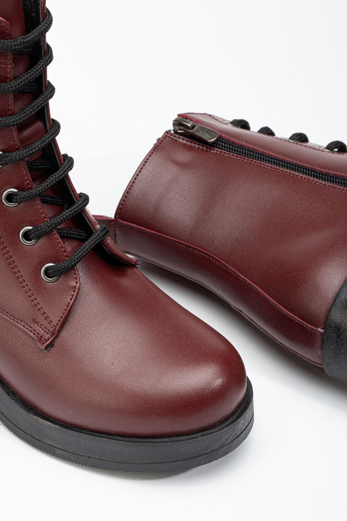 Ayakkabı Aşkı Bordo Bağcıklı Fermuarlı Kalın Topuklu Günlük Kadın Bot