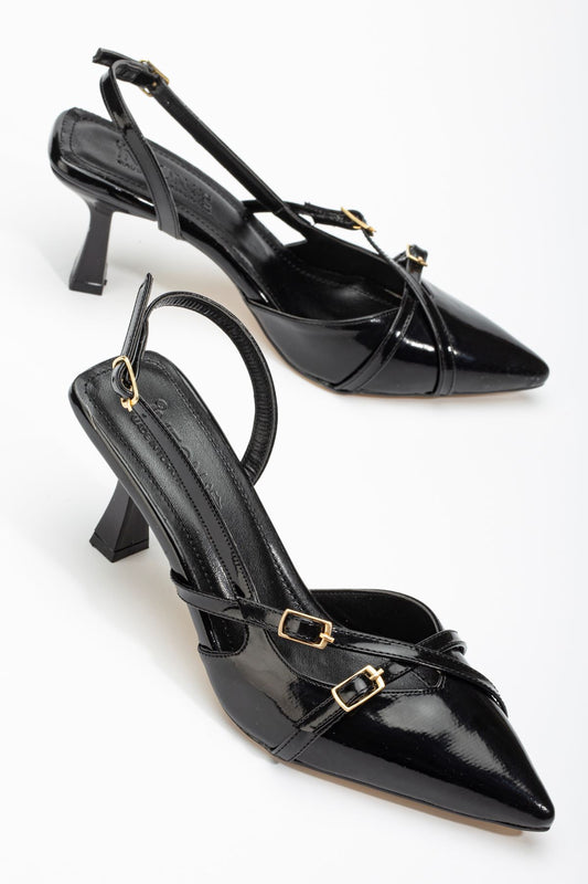 ST-005 Siyah Rugan Günlük 7 cm Topuklu Bayan Ayakkabı - Siyah