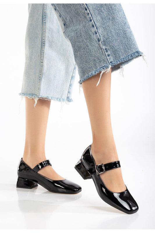 ST-006 Siyah Rugan Günlük 4 cm Topuklu Bayan Ayakkabı - Siyah