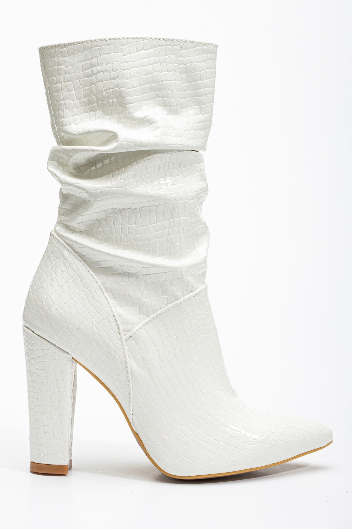 Ayakkabı Aşkı Beyaz Kroko Yüksek Kalın Topuklu Körüklü Fermuarlı Kadın Bot