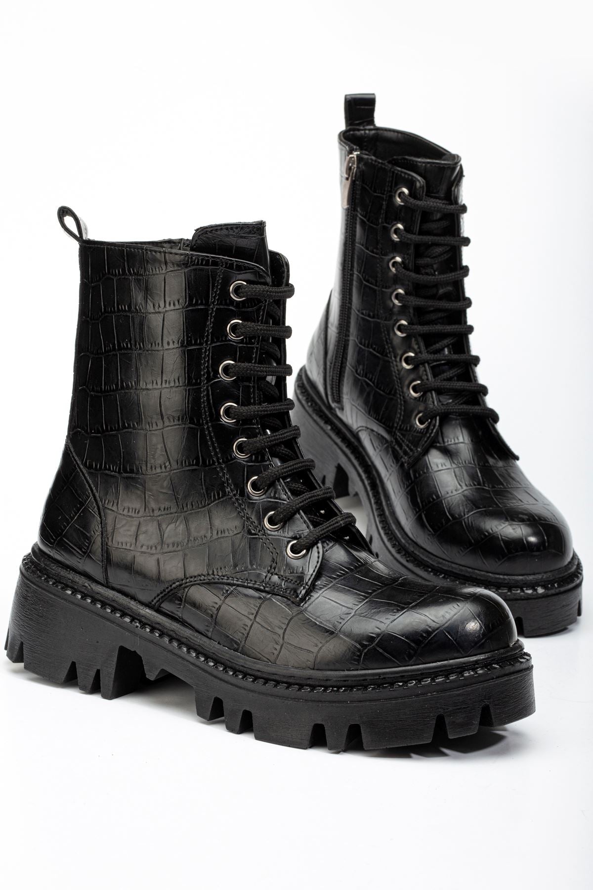 Ayakkabı Aşkı Siyah Kroko Bağcıklı Fermuarlı Günlük Kadın Bot