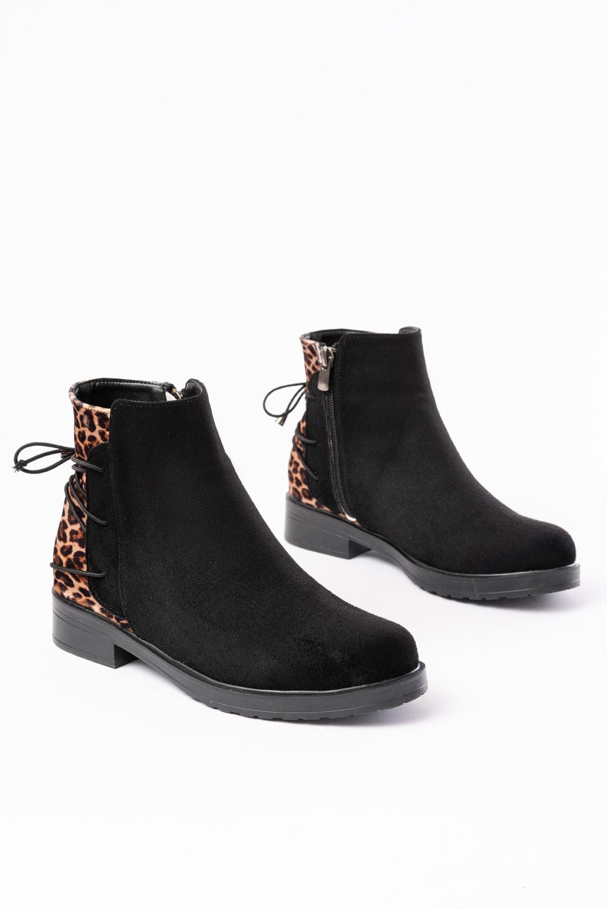 Ayakkabı Aşkı Siyah Leopar Arka Bağcık Aksesuarlı Fermuarlı Günlük Kadın Bot