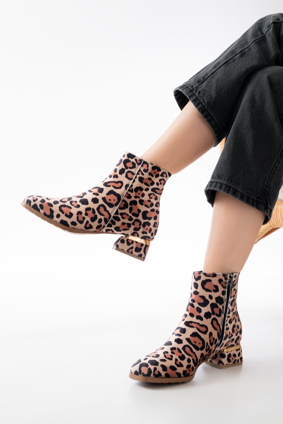 RM-500 Leopar Topuklu Fermuarlı Günlük Kadın Bot - Kahve