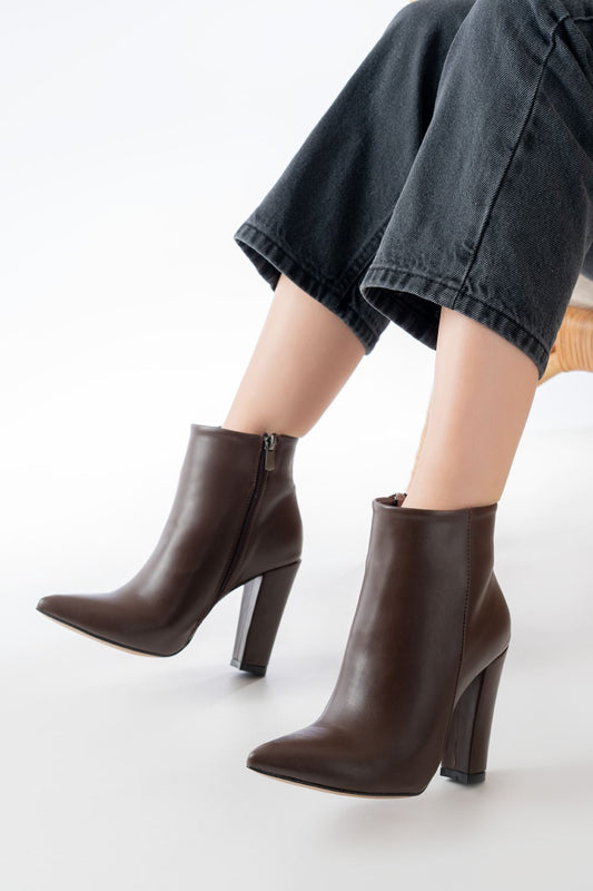 Ayakkabı Aşkı Kahverengi Yüksek Kalın Topuklu Fermuarlı Kadın Bot