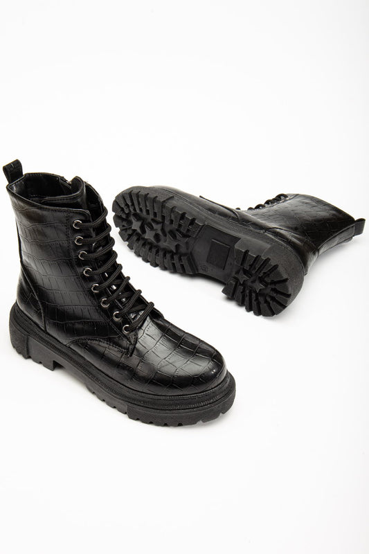 812-356 Siyah Kroko Bağcıklı Fermuarlı Günlük Kadın Bot - Siyah