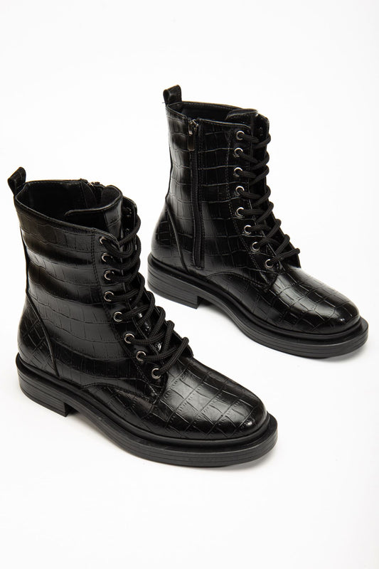 Ayakkabı Aşkı Siyah Kroko Bağcıklı Fermuarlı Günlük Kadın Bot