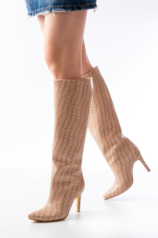 SYT-2004 Bej Kroko Günlük Bayan Çizme - Siyah