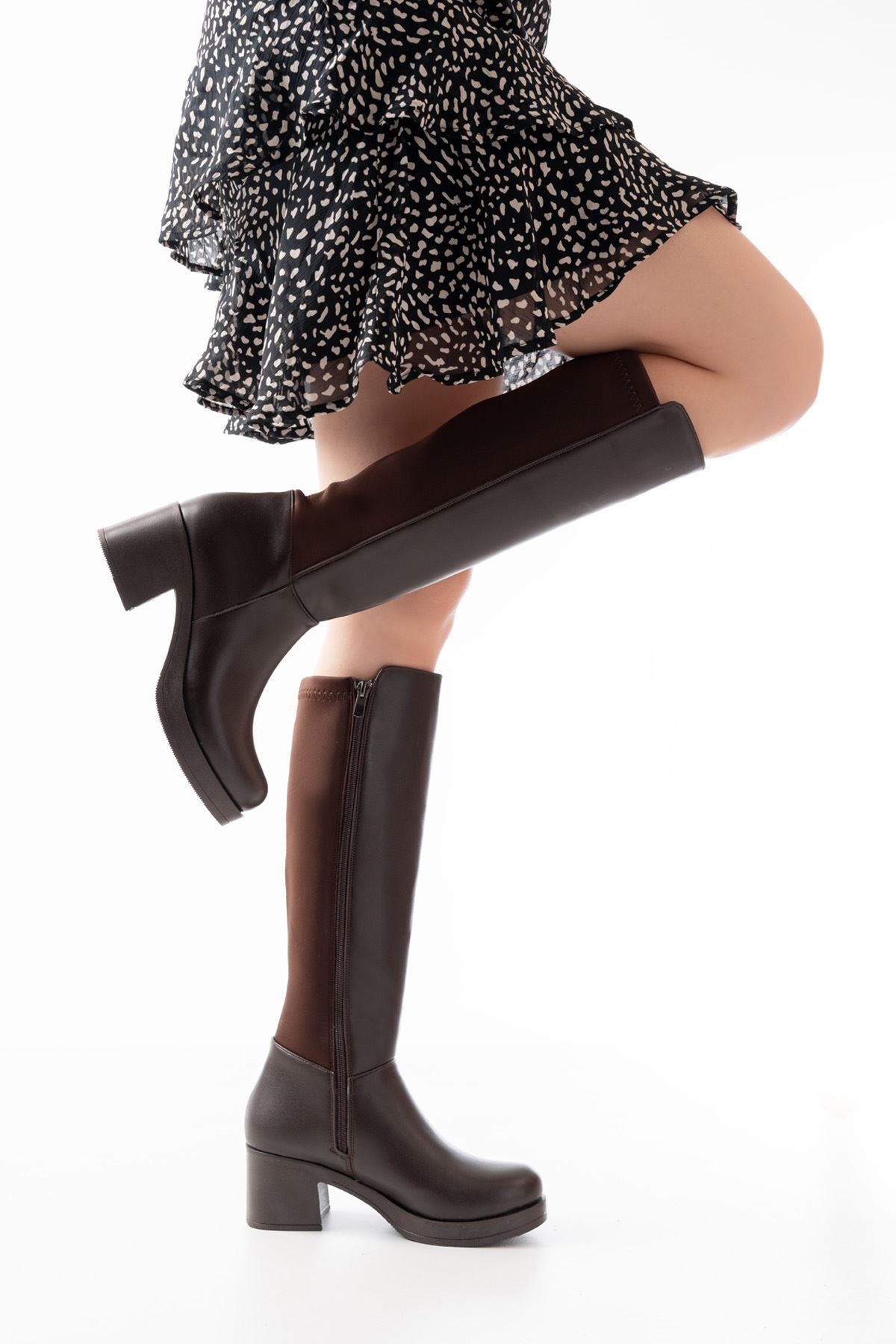 5109-3060 Kahverengi Topuklu Fermuarlı Günlük Kadın Çizme - Kahve